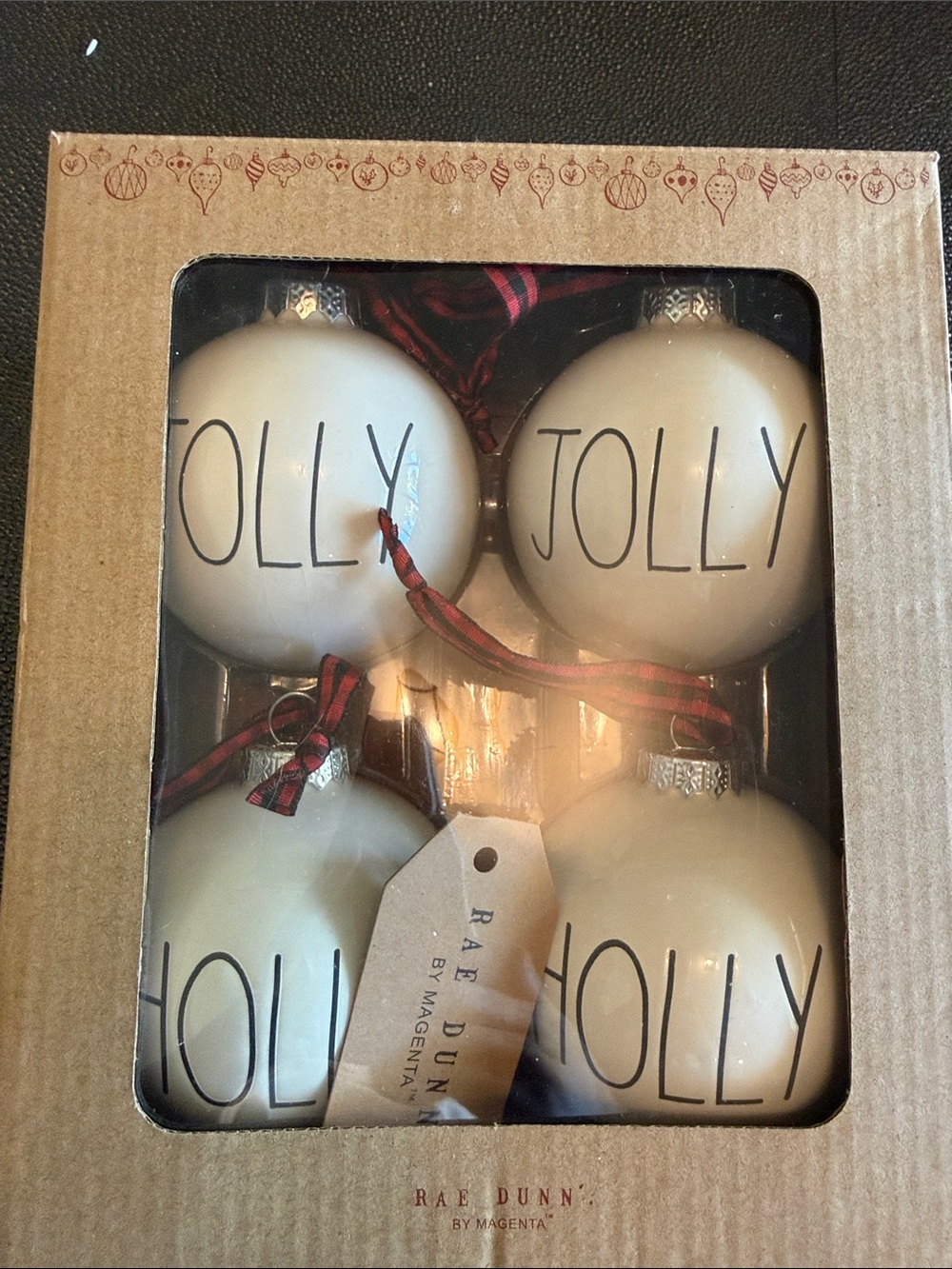 Rae Dunn Cream JOLLY' HOLLY Holiday Ornaments with Plaid Red Ribbons - Set of 4